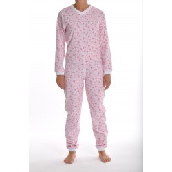 Grenouillère adulte en toile fleurie rose