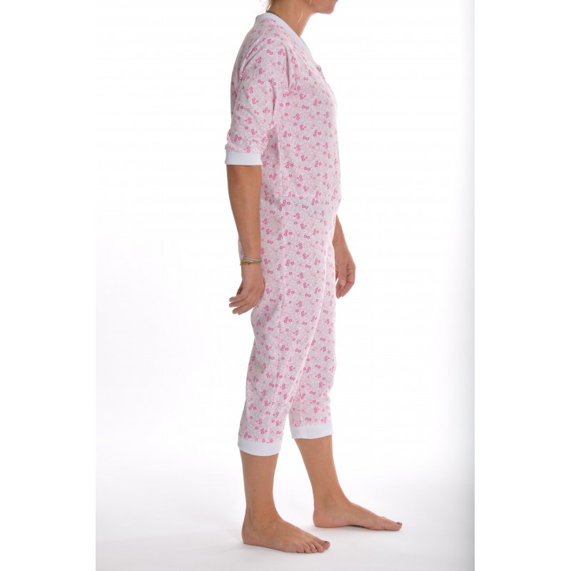 Grenouillère adulte en toile fleurie rose