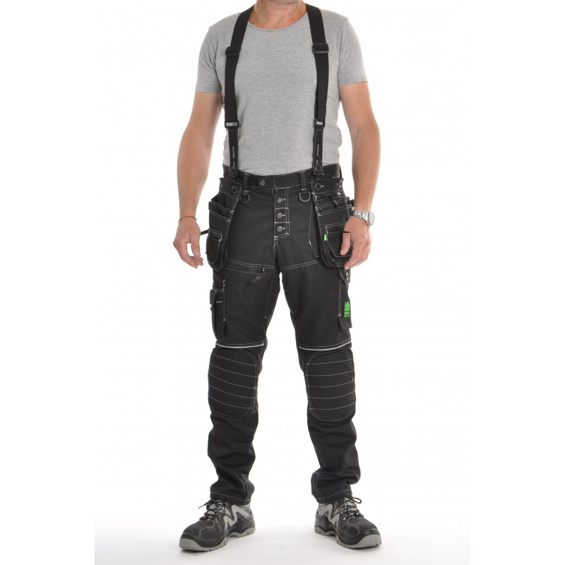Achat Pantalon de travail multipoches noir avec bretelles et genoui