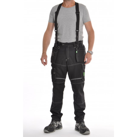 Pantalon de travail PXIII AGA noir surpiqûres blanches avec bretelles Pantalon de travail PXIII AGA noir surpiqûres blanches avec bretelles
