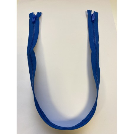 Fermeture à glissière plastique double curseur bouche à bouche maille 6 bleue 68 cm