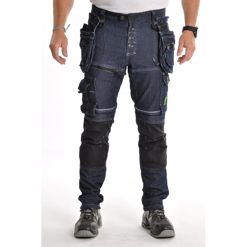 Pantalon de travail multipoches denim avec genouillères amovibles PXIV AGA